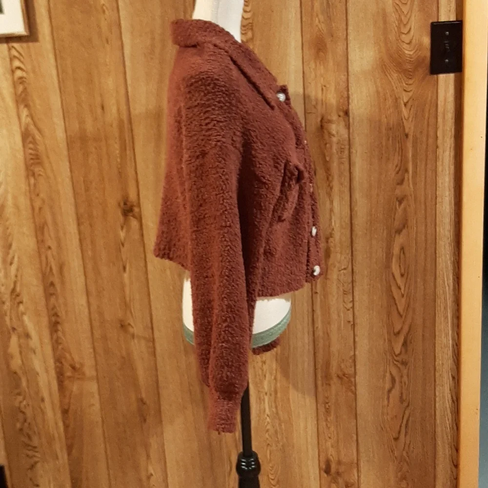 🫖Blue Blush Popcorn/Fuzzy Balloon-Sleeve Button-Down Jacket (L)🫖